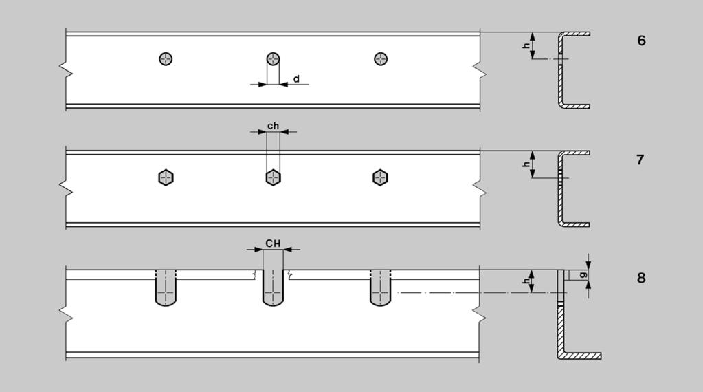 C32 PROFILATI FORATI E SUPPORTI PER RULLIERE BORED FRAMES AND SUPPORTS FOR ROLLER CONVEYORS INDICAZIONI PER LA FORATURA DEI LONGHERONI I rulli possono essere montati inserendone l asse in fori od in