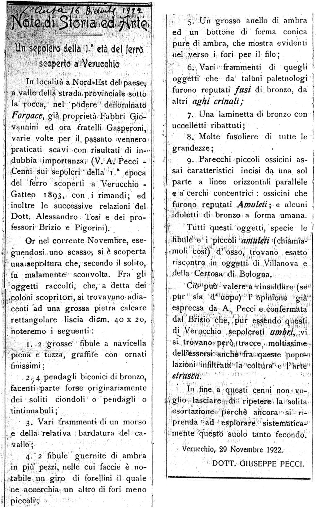 SCOPERTE D ARCHIVIO: SCAVI E RICERCHE NELLA NECROPOLI LIPPI A VERUCCHIO 25 fig. 4 Articolo tratto da L Ausa del 16/12/10922.