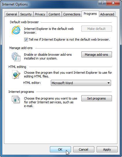 Scegliere Start > Tutti i Programmi > Internet Explorer. Scegliere Strumenti > Opzioni Internet, quindi fare clic sulla scheda Programmi.