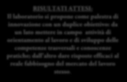 DIDATTICHE: Il laboratorio fornirà una conoscenza approfondita del mercato del lavoro, indagando non solo quello conosciuto