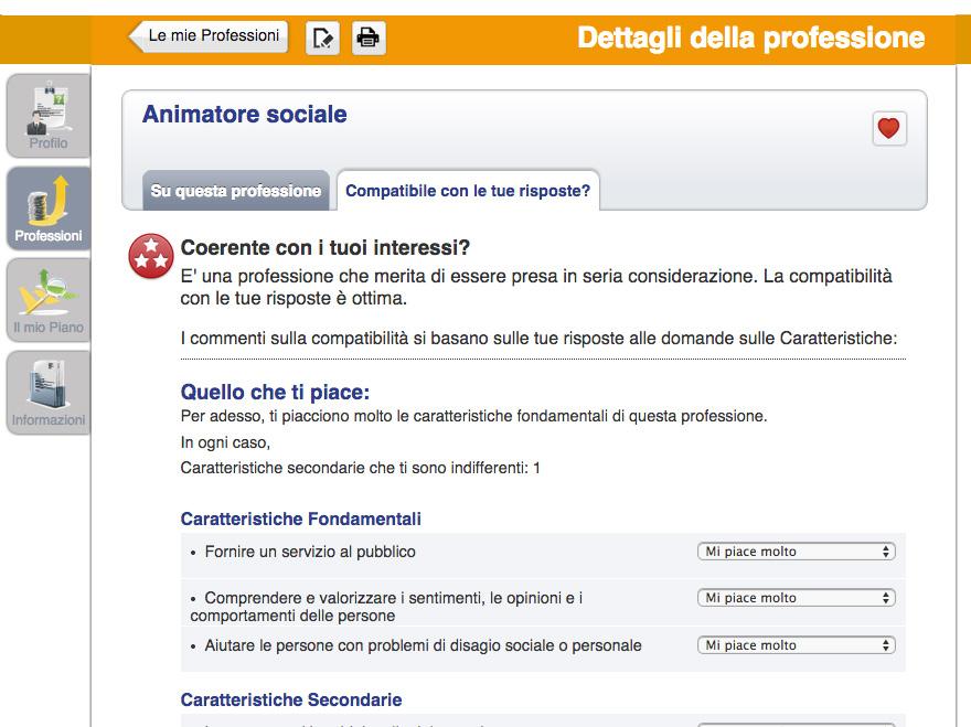 Quello che ti piace Questa sotto-sezione fornisce un commento specifico sulle risposte alle caratteristiche e mostra la lista completa delle caratteristiche della professione, con a fianco le