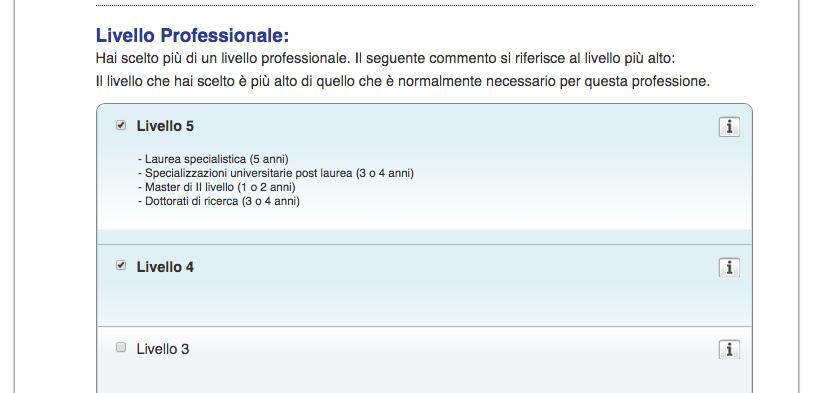 Livello professionale Questa sotto-sezione fornisce un commento sull abbinamento con il livello professionale selezionato (o i livelli) e mostra la selezione dell utente.