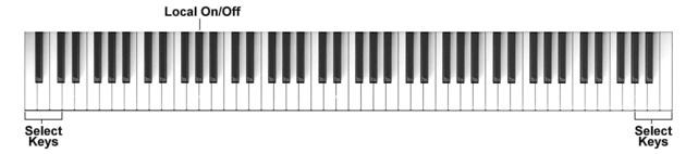 To select the TWIN function to split the keyboard in two half for practicing teacher/student - hold the 3 white SELECT keys and press the C#2 key related to the selected to the feature.