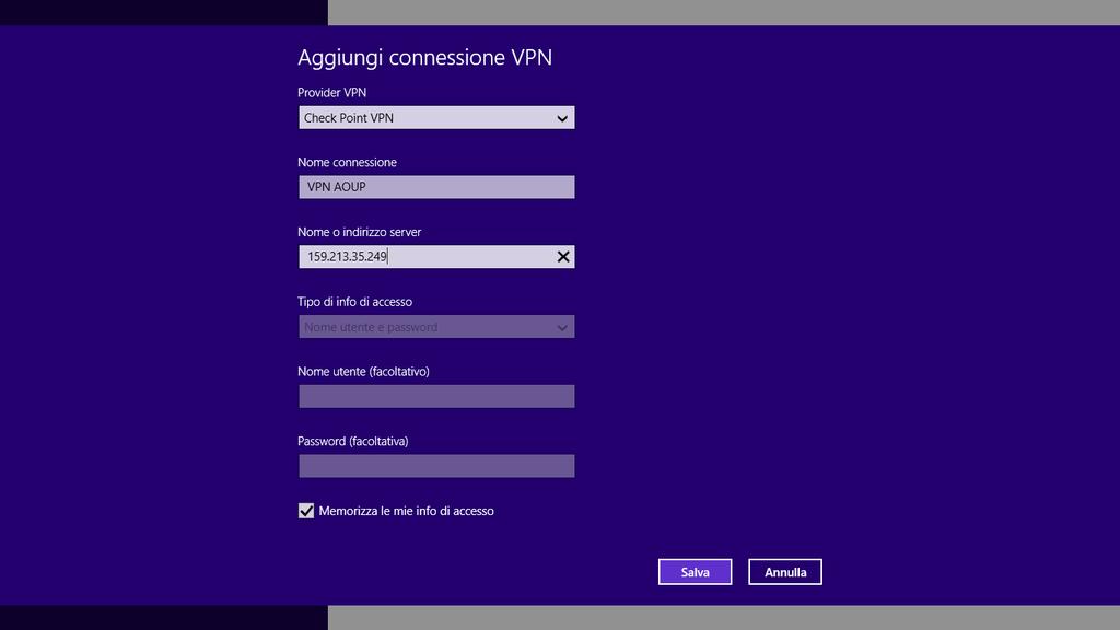 4) Selezionare dal menu Connessioni e cliccare su Aggiungi connessione VPN 5) Nella pagina