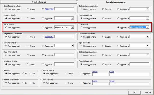 Selezionati tutti gli articoli a cui aggiornare l aliquota IVA, spostarsi sulla scheda Campi da Aggiornare, selezionare l