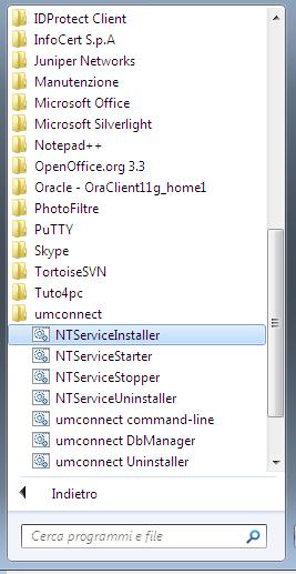 Download ed installazione Umconnect Terminare l installazione di UMCONNECT attraverso lo shortcut Start --> Programmi --> umconnect --> NTServiceInstaller Avviare umconnect (Start --> Programmi -->