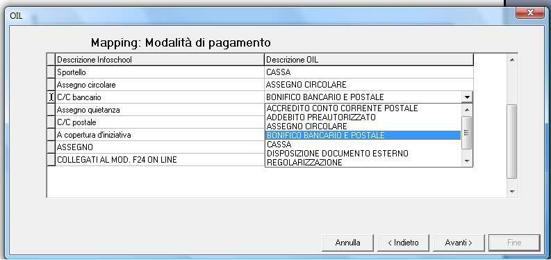 Mappaggio modalità pagamento L utente deve assegnare a ciascuna modalità di pagamento prevista nel programma