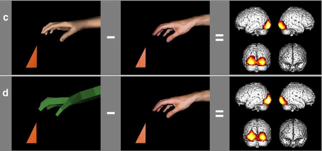 Impact of New Technology Viewing a grasp with a real hand, with a low-quality hand (green) and with a medium quality hand (upper right) in a Virtual Reality environment. How real is Virtual Reality?