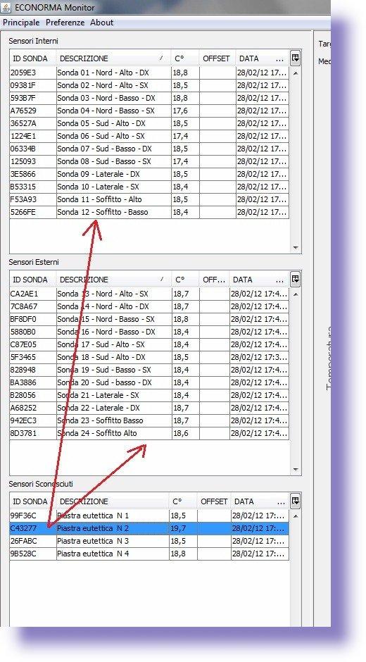 IMPOSTAZIONE SONDE INTERNE / ESTERNE Per trascinare la riga della sonda che interessa, dalla sezione Sonde sconosciute, a quelle Interne oppure Esterne, è sufficiente evidenziare la