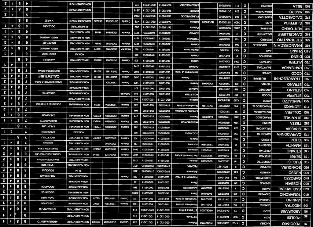 620 SAGLIMBENE SANTO C 4 08/02/1997 08/02/1997 GALL000RO 28/12/2012 04/01/2013 260 NON ALIMENTARE GIOCATTOLI 8 8 4 1 660 SCANDURA MARIANO ( 3 19/05/1997 PEDARA 07/01/2013 09/01/2013 607 NON