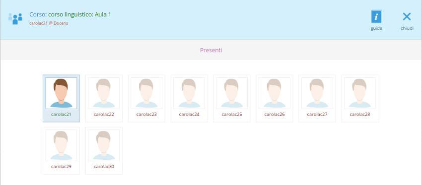 Allievi in linea La schermata contiene l'elenco degli allievi della classe attualmente connessi alla piattaforma.