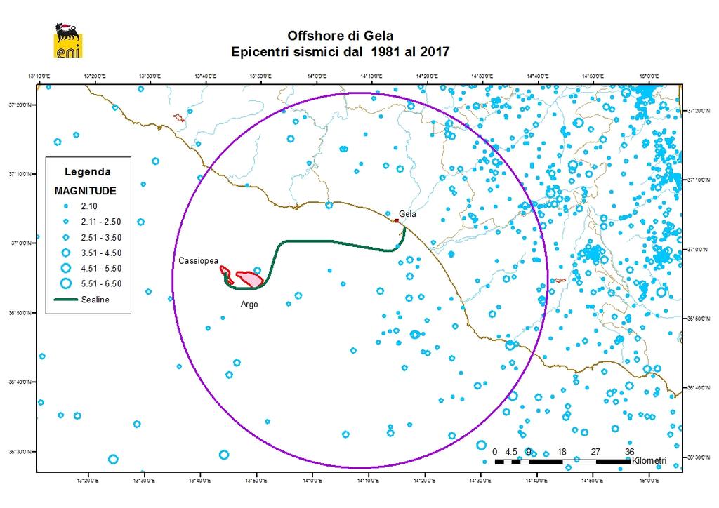 PAG. 8 DI 21 Fig. 3: sismicità strumentale dal 1981 al 2017 nella Sicilia Meridionale. In verde è mostrato il percorso della sealine. La Fig.