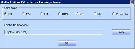 Salvare i file convertiti Stellar Mailbox Extractor for Exchange Server consente di salvare i file convertiti in diversi formati come per esempio PST, MSG, EML, HTML, RTF, PDF e Office 365 oppure