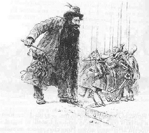 Il burattinaio Mangiafoco, così brutto che metteva paura solo a guardarlo, con una barba nera lunga fino ai piedi, si arrabbia e chiede ad Arlecchino e Pulcinella di catturare Pinocchio