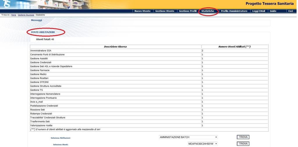 Pag. 26 di 37 4.6.1 STATISTICHE ( -> STATO ABILITAZIONE UTENTI) In questa sezione l amministratore può verificare il numero totale degli utenti inseriti e la loro distribuzione per voce di profilo assegnato.