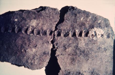 con incavo sul lato opposto attorcigliata al manico in verghetta cilindrica attribuibile alla cultura proto villanoviana della fine età del bronzo( 1800 a.c. circa).