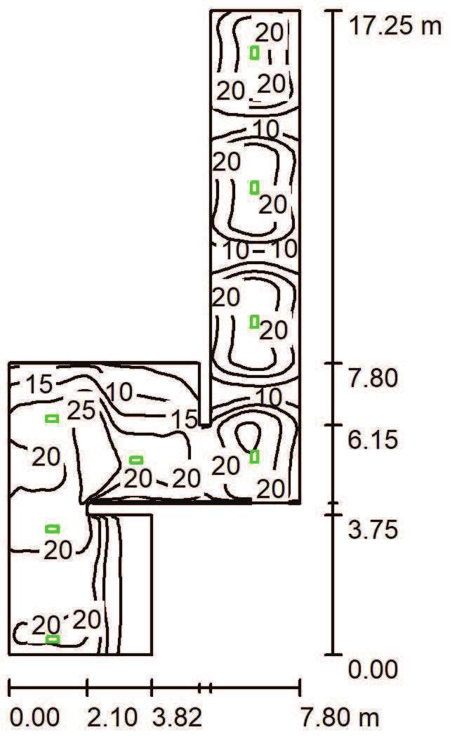 LOCALI T1+T2 Locale T1+T2 / Scena luce 1 / Riepilogo Altezza locale: 3.000 m, Fattore di manutenzione: 0.80 Valori in Lux, Scala 1:222 Superficie ρ [%] Superficie utile / 17 2.39 33 0.