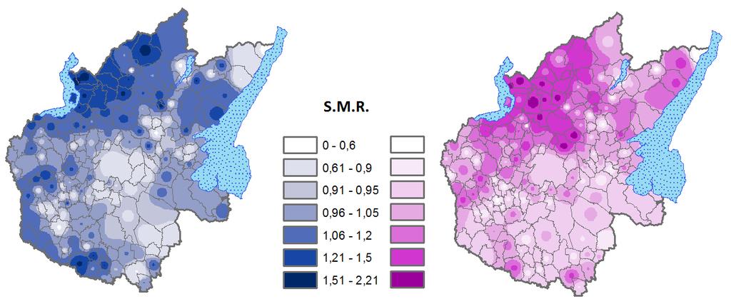 Una maggior mortalità per infarto miocardico che coinvolge un poco tutta l area settentrionale della ATS Una maggior mortalità nei maschi nei comuni sul confine meridionale e sud occidentale.