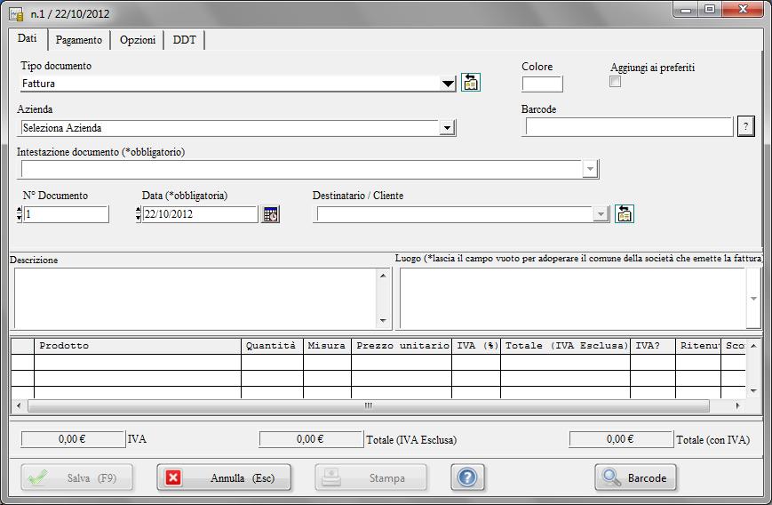 INSERIMENTO E GESTIONE DOCUMENTI / FATTURE / DDT (torna all'indice) Inserimento di un nuovo documento.