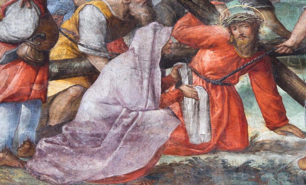 Veronica è, secondo la tradizione cristiana, la "pia donna" che, vedendo Gesù che trasportava la croce e il suo volto sporco di sudore e sangue, lo deterse con un panno di lino, sul quale sarebbe