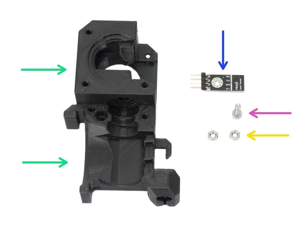 Step 6 Assemblaggio sensore filamento (parte 1) Per i seguenti passaggi prepara: Corpo estrusore (1x) Sensore filamento (1x) FAI ATTENZIONE