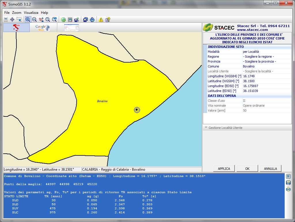 Importa da SismoGis: consente di aprire l'ambiente di SismoGis per selezionare la località di ubicazione dell'opera o definire le coordinate della località dell intervento e quindi determinare