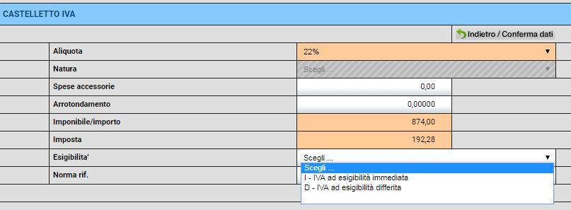 In caso siano presenti più aliquote Iva/nature è necessario creare più righe di riepilogo Iva: Clicca per inserire un rigo Iva; Compila la sezione come indicato sopra. 12.