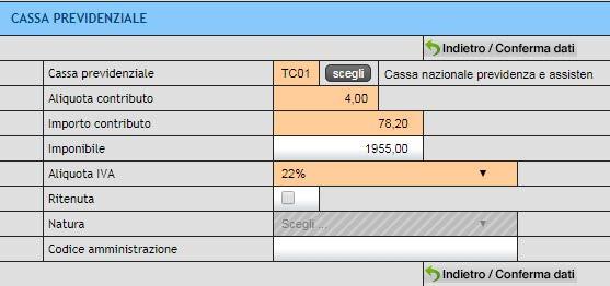 Imponibile: indicare il valore sul quale viene calcolata la cassa (onorario + eventuali spese imponibili); Selezionare l aliquota Iva (22 %); Inserire il flag su ritenuta d acconto solo se la