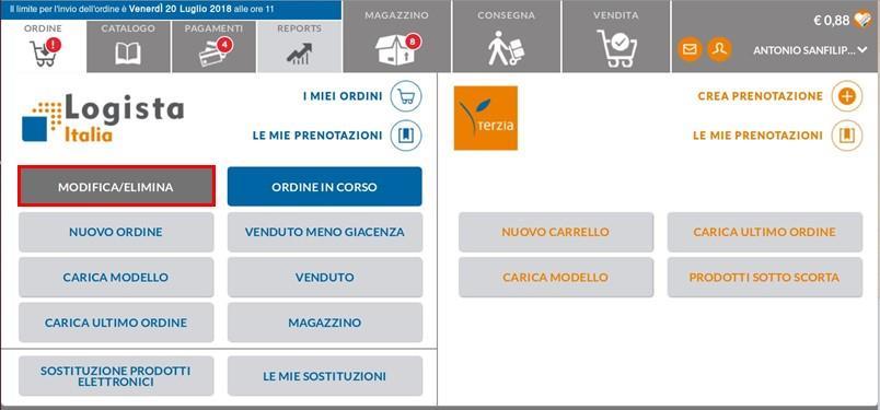 Modifica/Annullamento ordine (solo per ordini Logista) Nel solo caso di ordini Tabacco, dopo aver inviato un ordine si potrà modificarlo entrando nella sezione Ordine e