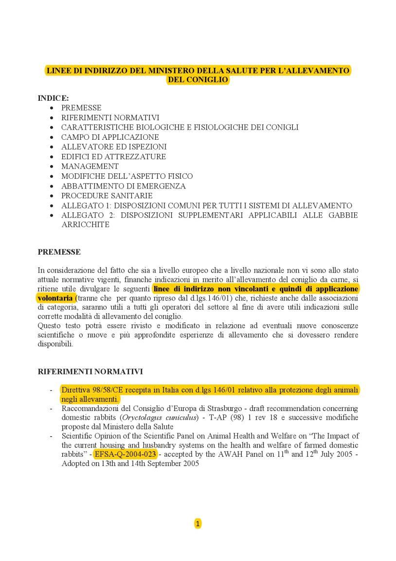 Linee di indirizzo per l allevamento del coniglio Divulgate dal Ministero delle Salute nel luglio 2014 [Prot.