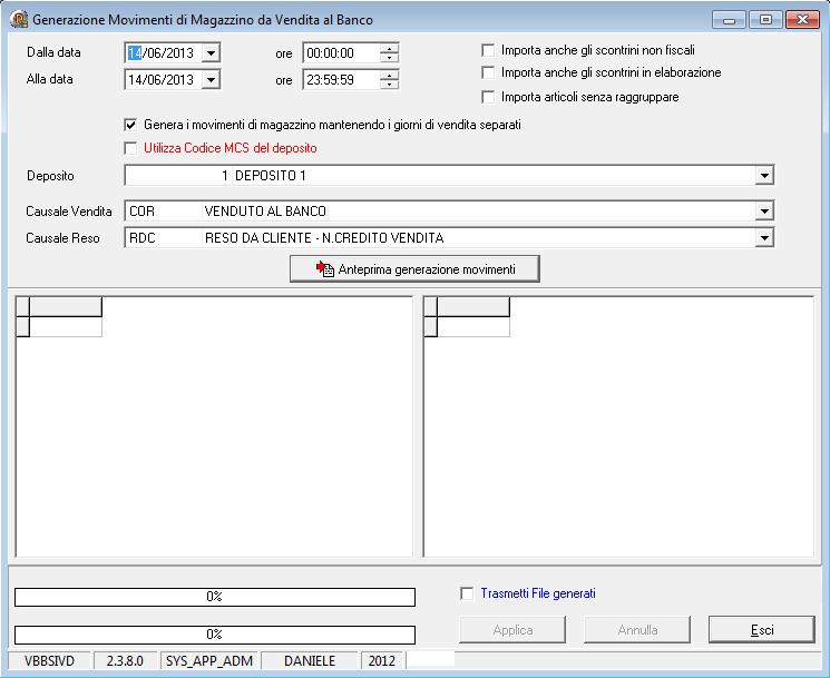 7.4 Generazione Movimenti di Magazzino A fine giornata si rende necessario consolidare le vendite, generando i movimenti di magazzino: Vendita al banco Generazione Movimenti di Magazzino Selezionare