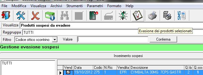 EVASIONE SOSPESO Se siete in possesso dello scontrino informativo in cui è presente il codice sospeso è necessario dalla vendita leggere con lo scanner il codice ed il programma apre