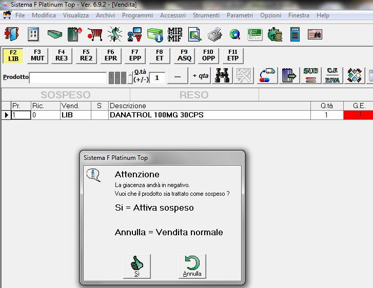 CREAZIONE SOSPESO All atto della vendita, se il prodotto ha giacenza uguale a 0 e