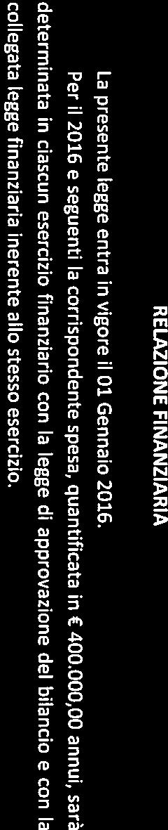 On.le Alberico Cambino RELAZIONE FINANZIARIA La presente legge entra in vigore il 01 Gennaio 2016. Per il 2016 e seguenti la corrispondente spesa, quantificata in 400.