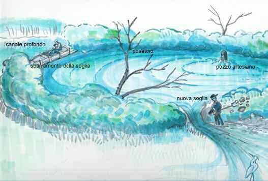 2) Migliore utilizzo dell acqua dolce artesiana: creazione del bacino dolcificato detto della sabbia e di due aree a gradiente di salinità in prossimità della soglia di deflusso Si tratta della
