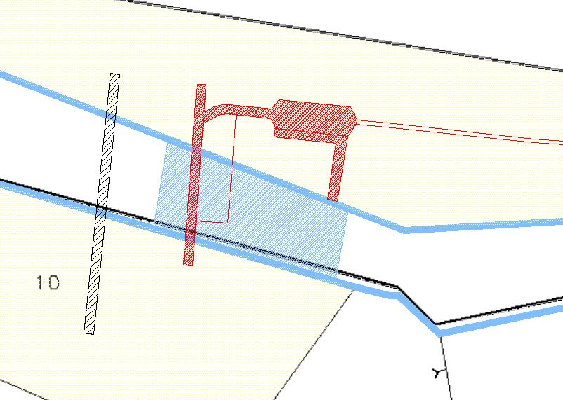 Figura 3 Opera di presa: estratto mappa catastale con indicate le opere in progetto (retino rosso), le