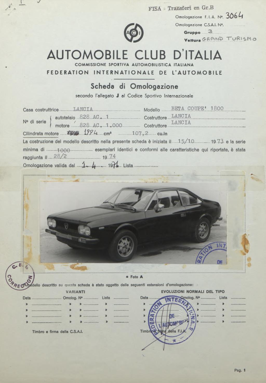 FISA - Transfert en Gr.B Omologazione F. I. A. N.