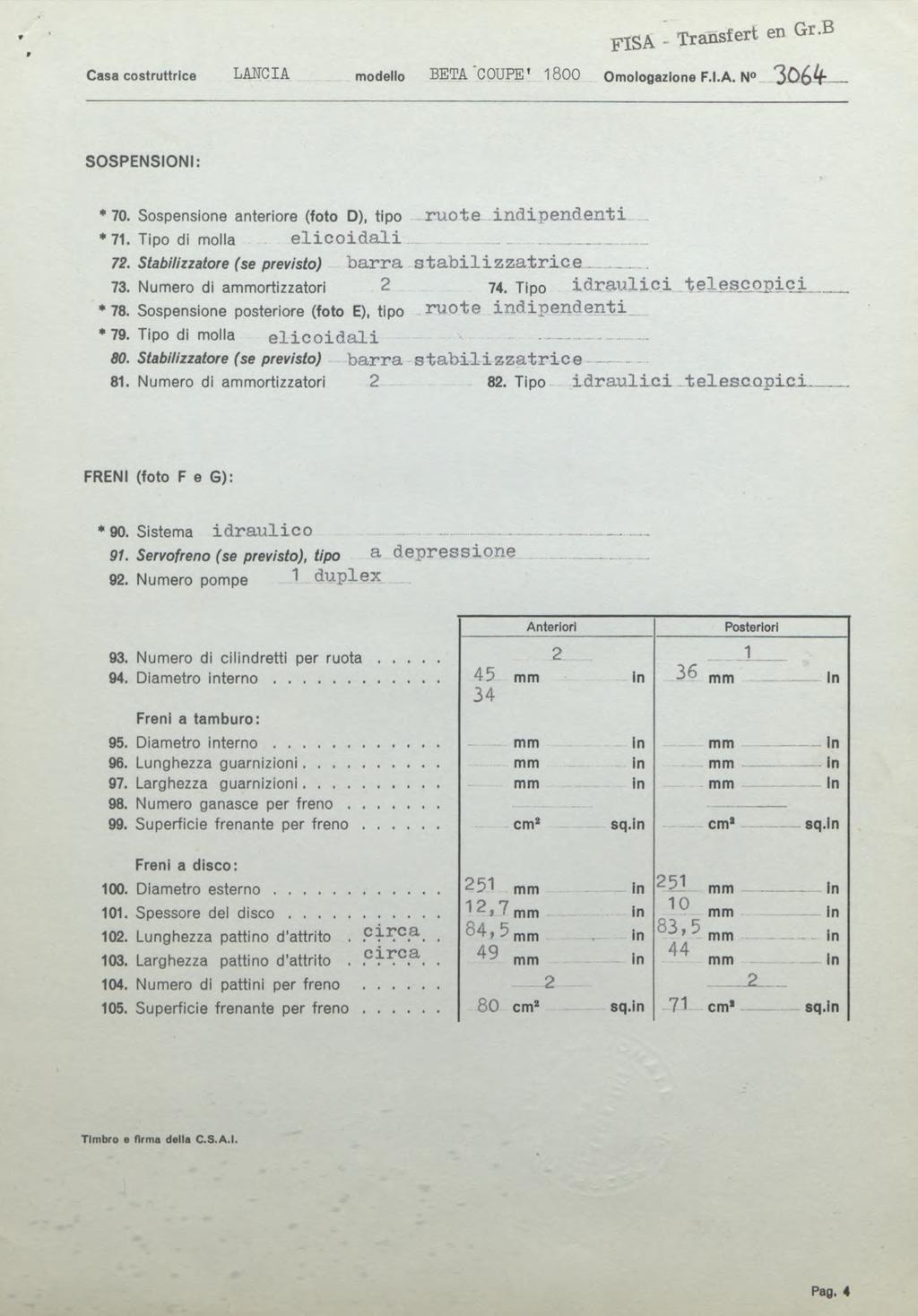 Casa costruttrice LANCIA FISA - Transfert en Gr.B modello BETA COUPE ' 1800 Omoiogazione F.I.A. N _ SOSPENSIONI: *70. Sospensione anteriore (foto D), tipo r u o t e i n d l p e n d e n t i * 71.