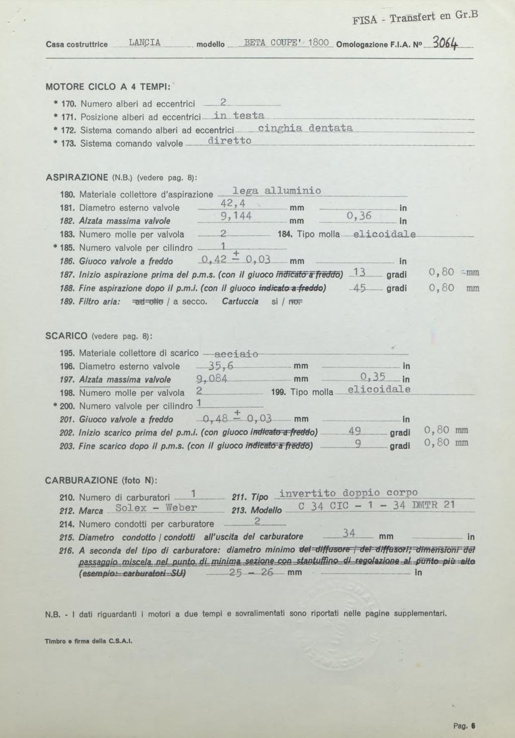 FISA - Transfert en Gr.B Casa costruttrice L ^ p i A _ modello S?.TA COUPE ' 1.800 Omologazione F.I.A. N.. MOTORE CICLO A 4 TEMPI: * 170. Numéro alberi ad eccentrici -...2... * 171.