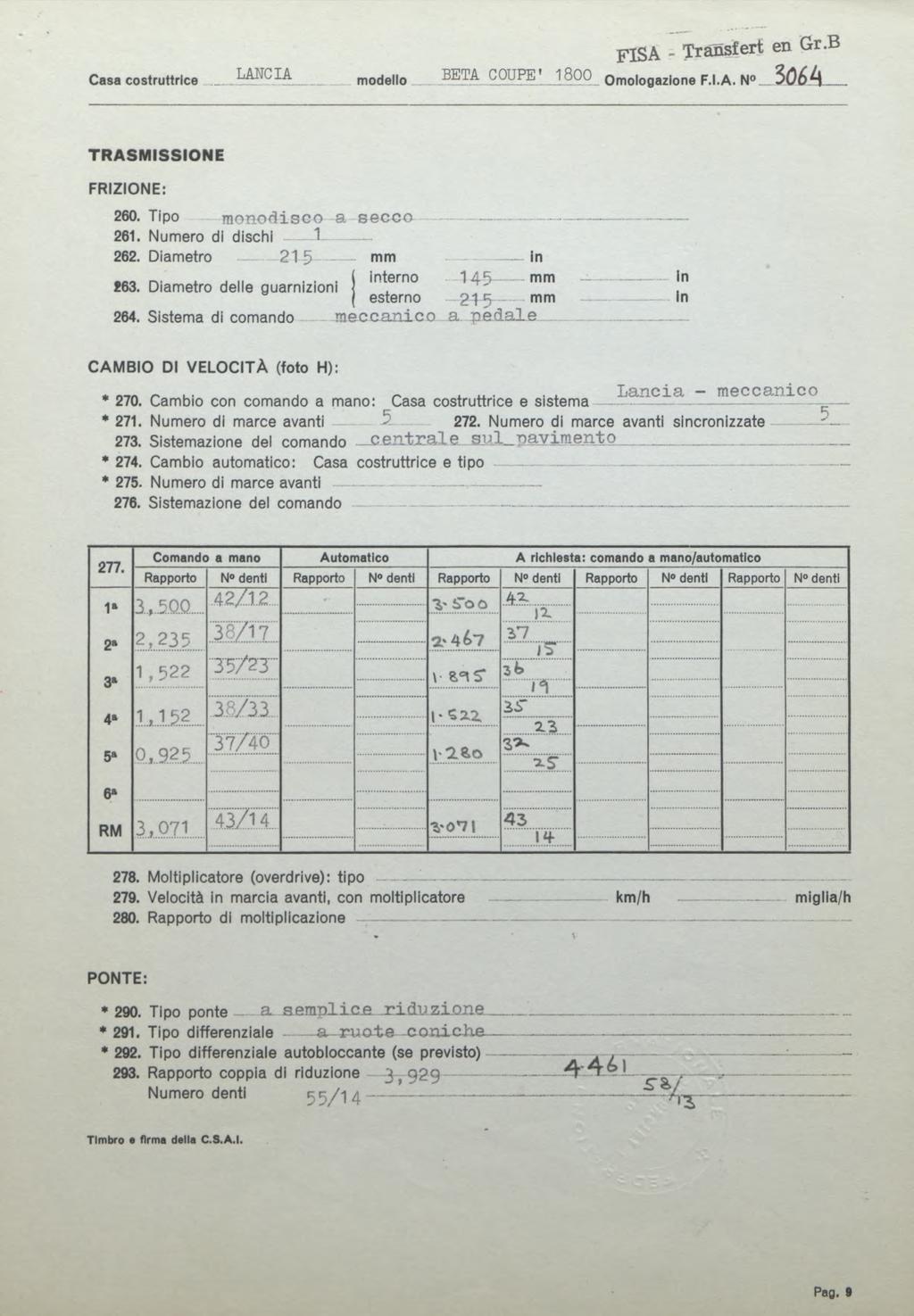 Casa costruttrice LANCIA modello FIS A - Transfert en Gr.B BETA COUPE ' 1800 Omologazione F.I.A. N.. TRASMISSIONE FRIZIONE: 260. Tipo m o n o d is G O a-secgo 261. Numéro di dischi I ------ 262.