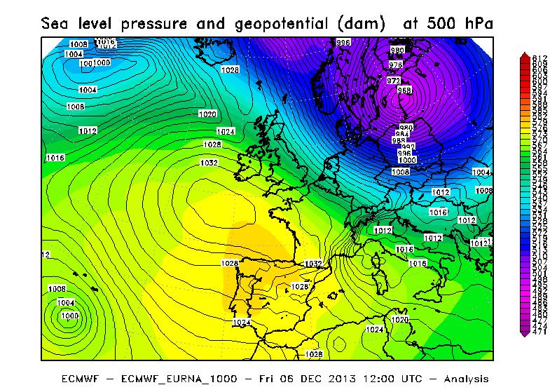 Figura 3 Analisi dell altezza di geopotenziale a 500 hpa e della pressione al livello del mare alle ore 12 UTC del 6 Dicembre 2013. Elaborazione ARPA Piemonte su dati ECMWF.