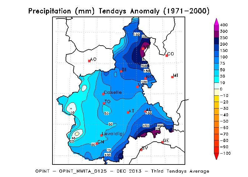 Figura 4 Anomalia della precipitazione nella terza decade di Dicembre rispetto alla climatologia 1971-2000. Elaborazione ARPA Piemonte.