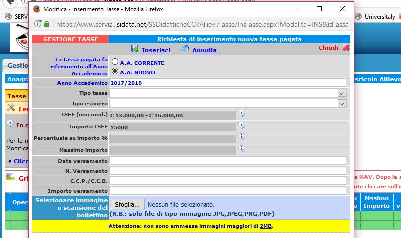 CLICCARE SU INSERIRE UNA NUOVA TASSA INSERIRE I DATI RELATIVI AI VERSAMENTI EFFETTUATI NOTA BENE: potrebbe essere necessario modificare gli importi nella schermata.