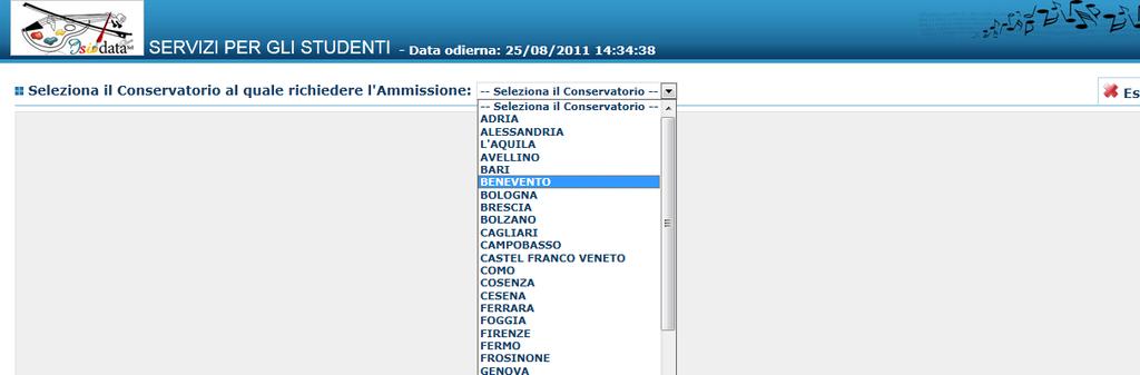 "Inserimento domanda di ammissione", selezionare dal menu a tendina l'istituzione a cui si intende inoltrare la domanda di ammissione.