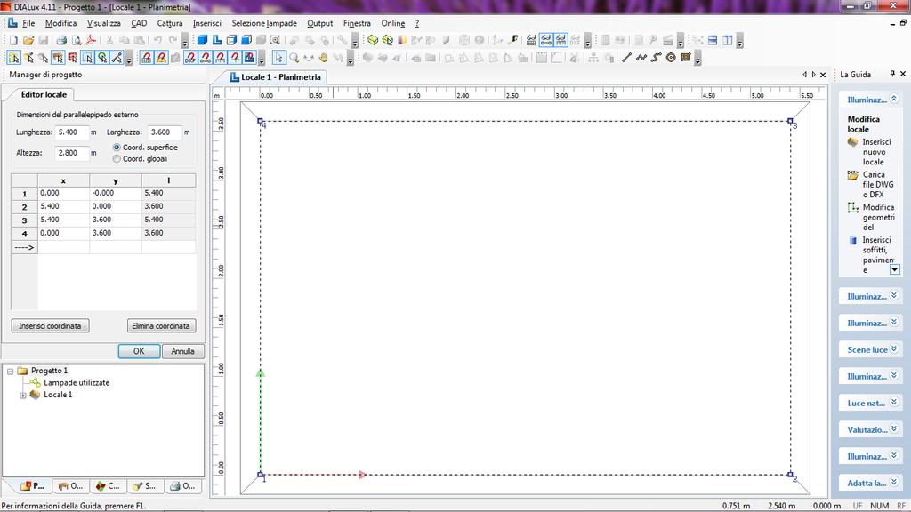 INTERFACCIA DIALux La schermata successiva rappresenta l ambiente di sviluppo 2D, ovvero la planimetria del locale. Si può notare sulla sinistra il manager di progetto con l editor.