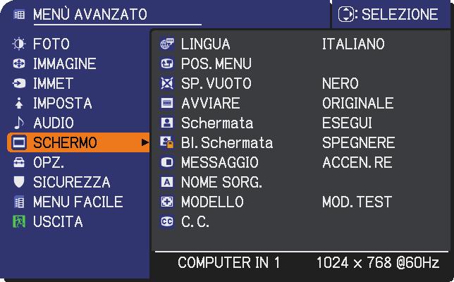 Menu SCHERMO Menu SCHERMO Il menu SCHERMO consente di selezionare le voci elencate nella tabella qui sotto riportata.