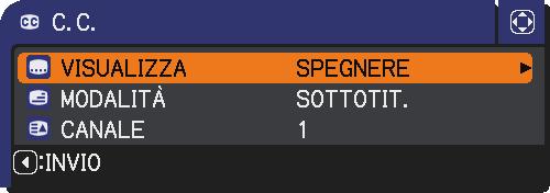 Menu SCHERMO Voce C.C. (Closed Caption) Descrizione Grazie alla funzione C.C. si visualizzano frasi, dialoghi o altri suoni da un video, da file o da altre presentazioni.