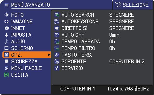 Menu OPZ. Menu OPZ. Il menu OPZ. consente di selezionare le voci elencate nella tabella qui sotto riportata.