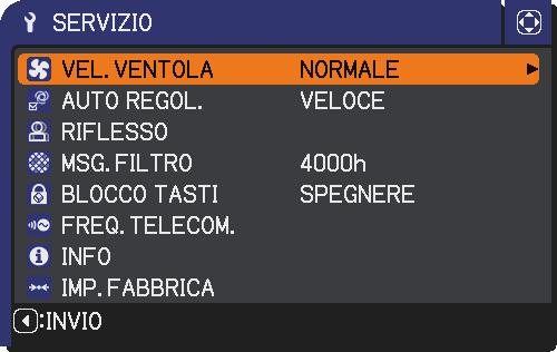 Menu OPZ. Voce Descrizione Selezionando questa voce di visualizza il menu SERVIZIO. Selezionare una voce mediante i pulsanti / e premere il pulsante (o ENTER) per eseguire l operazione. SERVIZIO VEL.