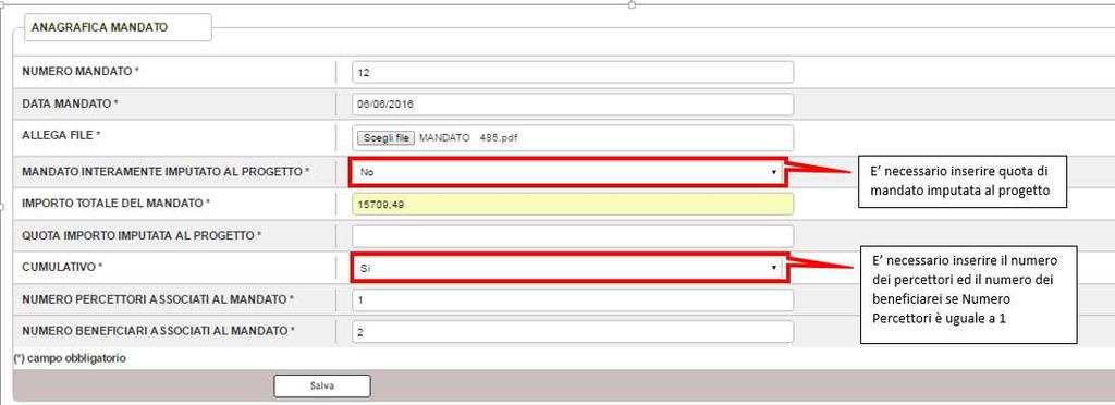 NB: se il campo Cumulativo risulta valorizzato con SI ed il numero dei percettori indicato è pari a uno, vuol dire che con il mandato è stato disposto un pagamento a favore di un soggetto